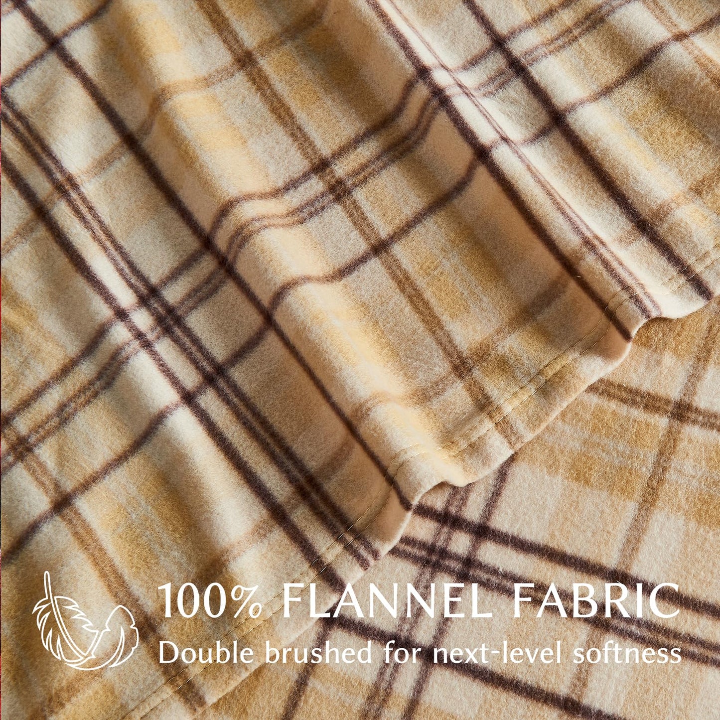 HYPREST Flannel Sheets King Size, Plaid Sheets Double Brushed, Camel Beige Plaid Warm Bed Sheets Winter Fuzzy Bedding