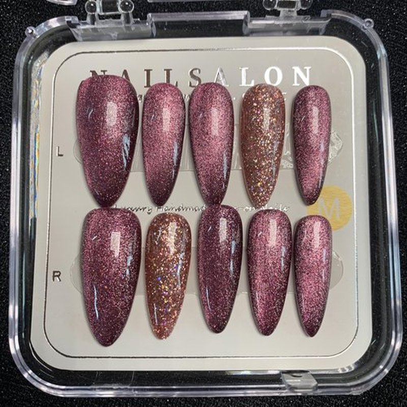 CAMILCY Handmade Nails Press on Almond Nail Pointed Green Gold Crystal Glitter Design Hand painted Reusable Gel UV Finished Pre shaped False Nails for Women 10pcs 3D Handmade Nails (A027, L)
