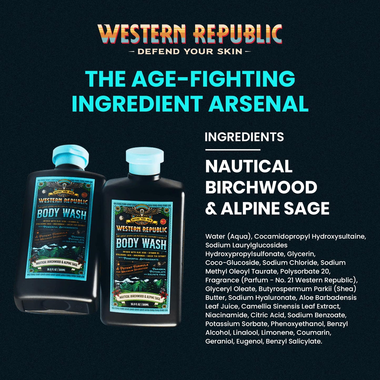 Western Republic - Nautical Birchwood & Alpine Sage Body Wash Shower Gel - Hydrating Cleanser with Aloe, Shea Butter, Niacinamide - 500ml 2 Pack