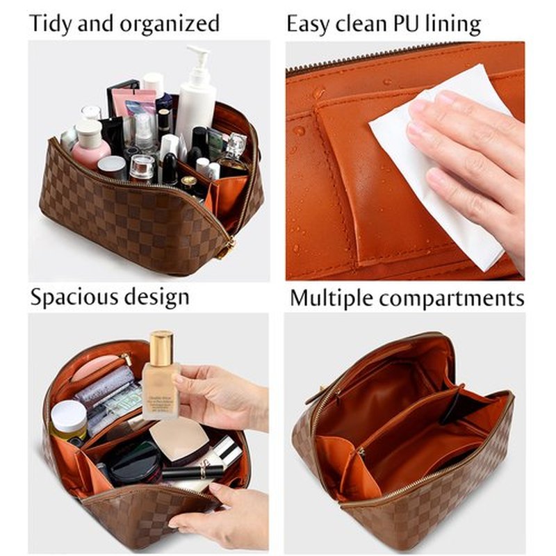 ALEXTINA Large Capacity Travel Cosmetic Bag - Portable Women Waterproof PU Leather Checkered Makeup Organizer with Dividers and Handle,Toiletry Bag for Cosmetics, Brown