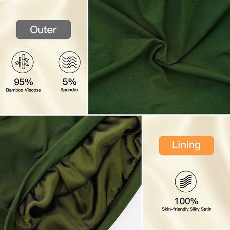 Silk Satin Lined Bonnet Sleep Cap - Adjustable Stay on All Night Hair Wrap Cover Slouchy Beanie for Curly Hair Protection for Women and Men - Solid Olive Green