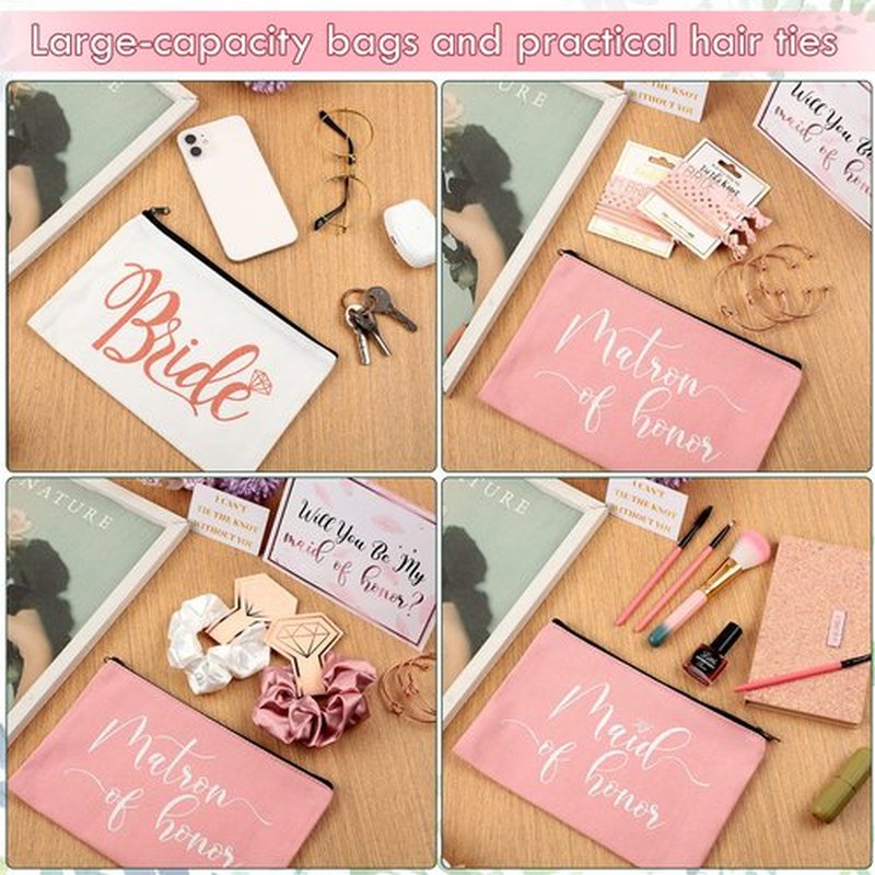 63 Pcs Bridesmaid Proposal Gifts Bulk Maid of Honor Gifts Matron of Honor Gifts Brides Bridesmaid Cosmetic Makeup Bag Hair Knotted Bracelets Invitation Cards for Wedding Bachelorette (Dreaming Style)