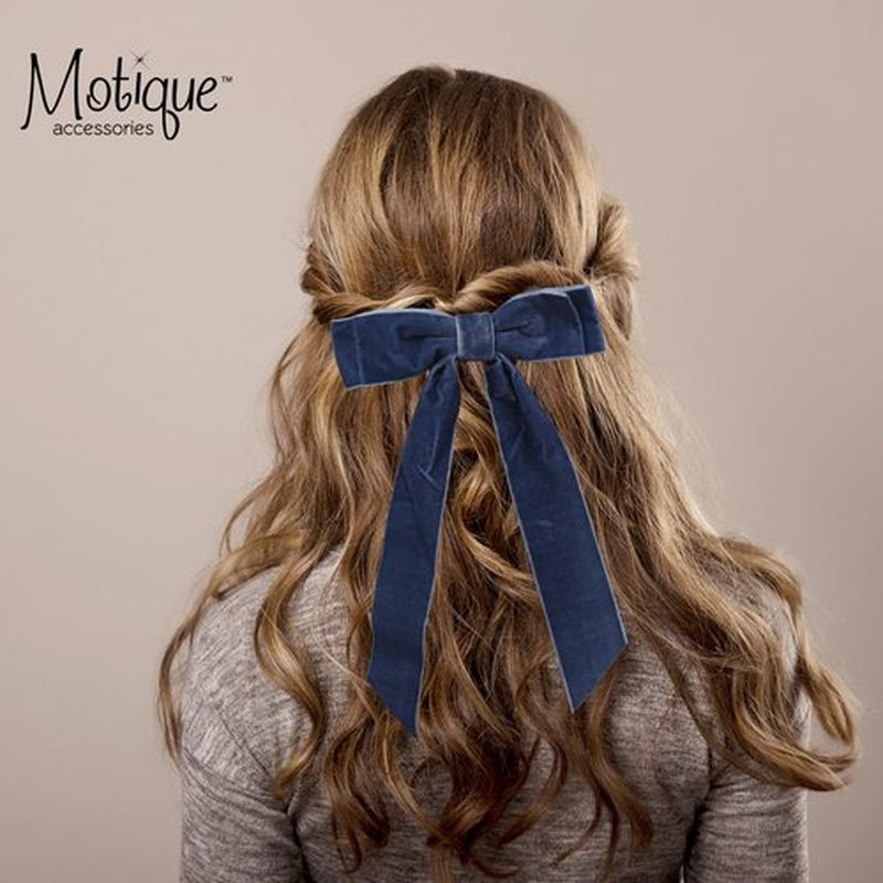 6 inch Hair Bow Velvet Hair Clip with Tails (Blue)