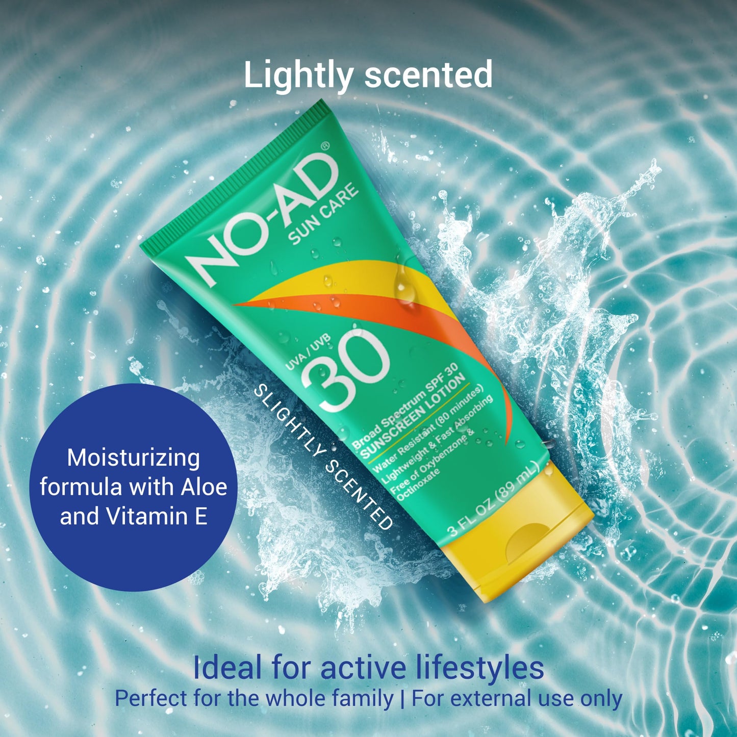 NO-AD SPF 30 Sunscreen Lotion | Broad Spectrum UVA/UVB Protection | Water Resistant | Octinoxate & Oxybenzone Free with moisturizing Vitamin E and Aloe 3oz | Pack of 3