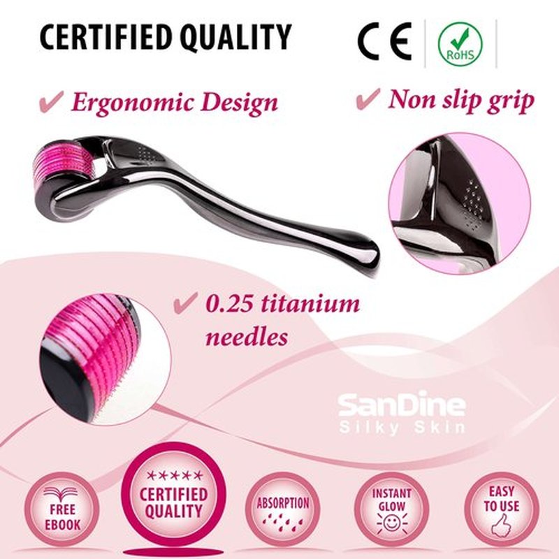 Microneedle Skin Roller - 540 Micro Needle Skin Care System - Ideal to Keep Your Skin Young and Radiant - Titanium for Silky Smooth and Beautiful Skin - Includes FREE E-Book - By Sandine (0.25mm)