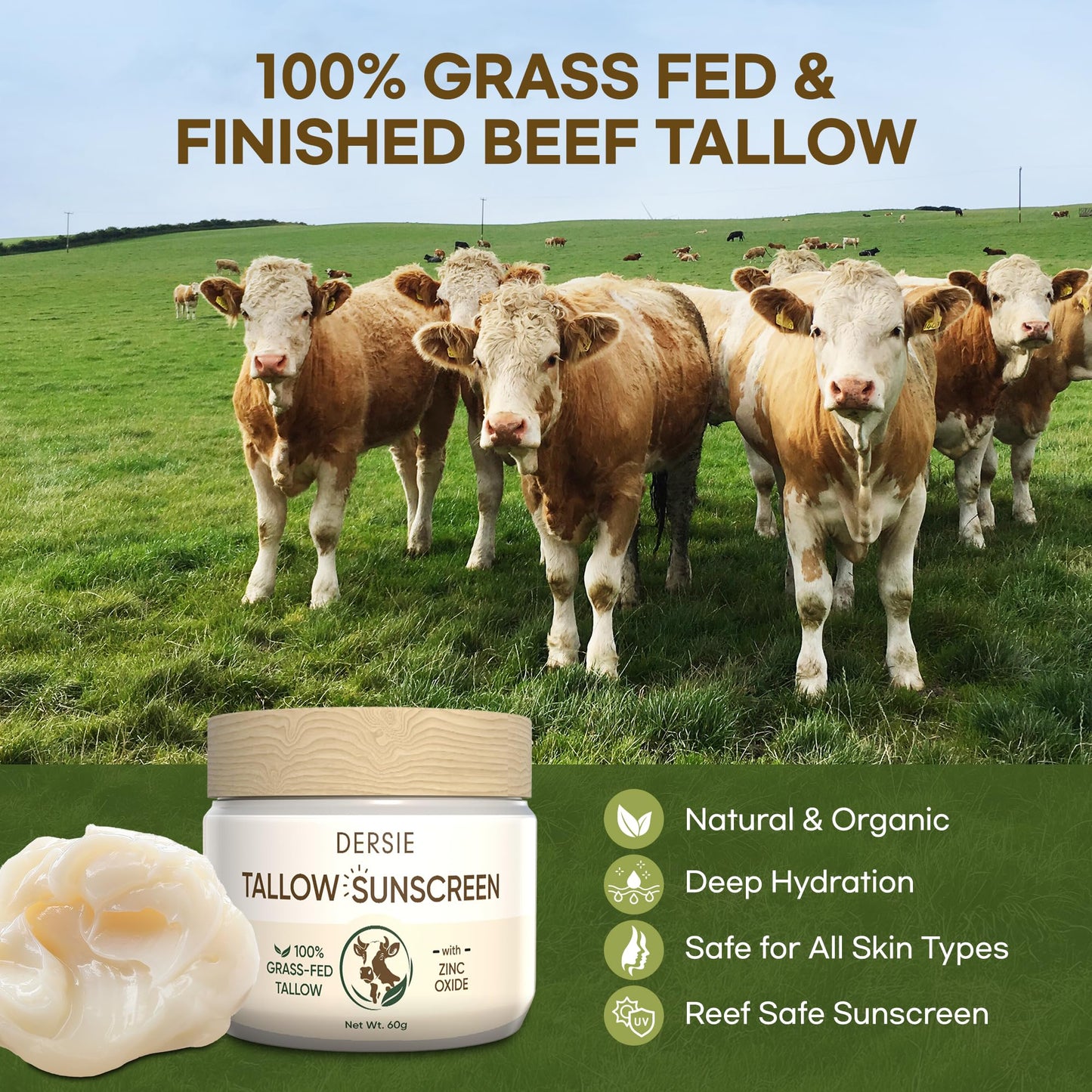Dersie Tallow Sunscreen SPF 30 – Mineral UV Defense with Non-Nano Zinc Oxide – Face & Body Sun Protection for Adults & Kids – with 100% Grass-Fed Beef Tallow for Skin Comfort (2.1 oz)