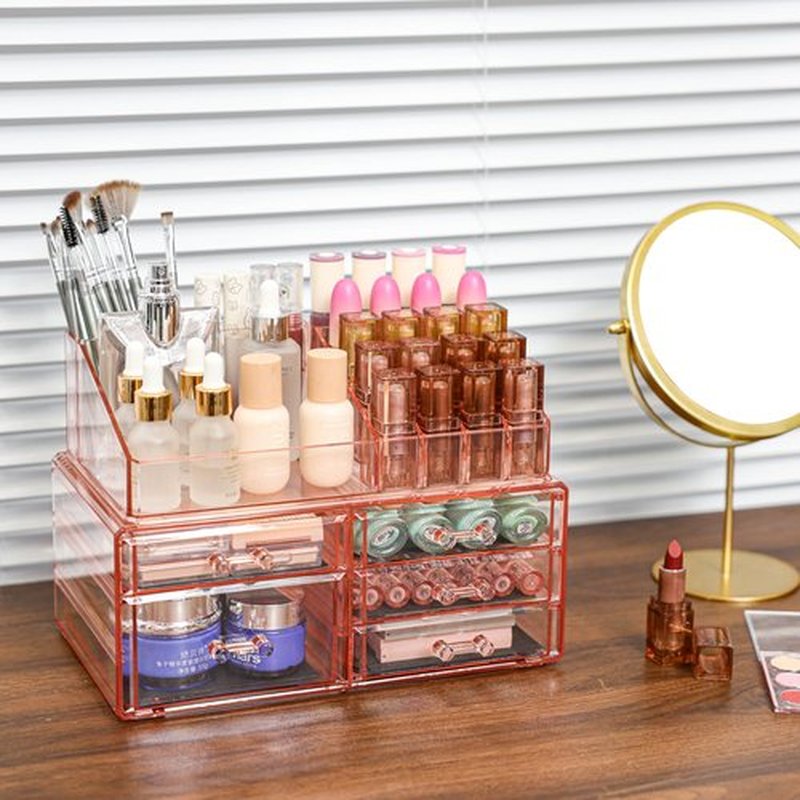 Cq acrylic Vanity Organizer and Storage,Stackable Make Up Organizers for Counter,Storage 5 Drawer With Brush Holder and Perfume Tray,Multi-function Acrylic Drawer for Vanity Bathroom Countertop,Pink