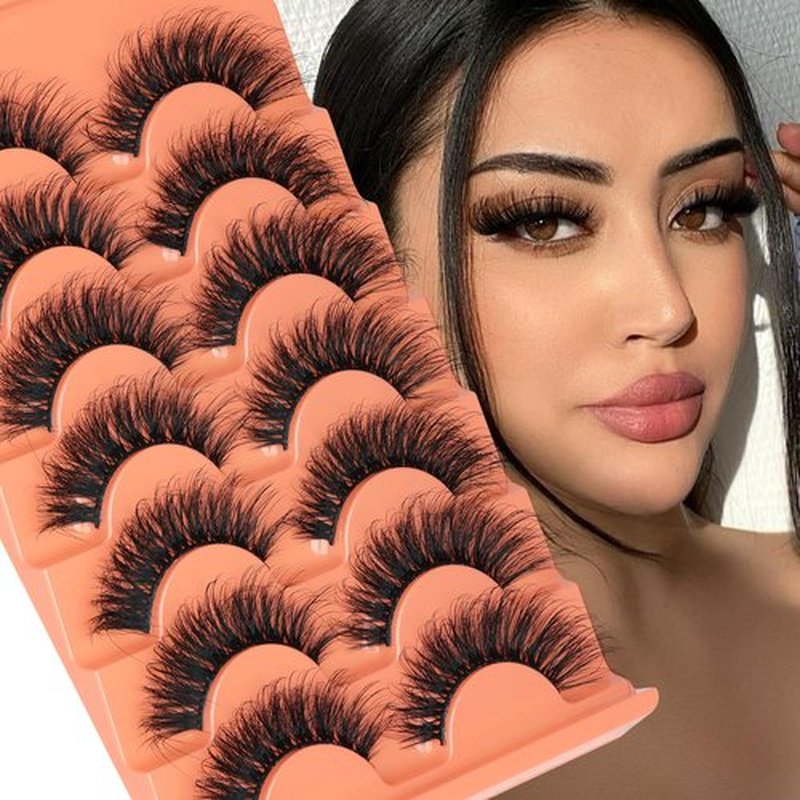 Focipeysa 18mm Faux Mink Eyelashes Fluffy Volume False Lashes D Curl Fake Lash Dramatic False Eyelashes 10D Dramatic Strip Lashes Pack 7 Pairs Lashes DIY Lashes at Home