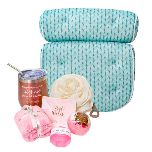 Lady McBath Spa Gift Baskets for Women - Bath Gift Set for Women, Luxury Bath Pillow, Loofah Sponge, Bath Bomb, Soap, Towel, & Insulated Wine Cup, Relaxation Gifts for Women Spa Night Gift Basket