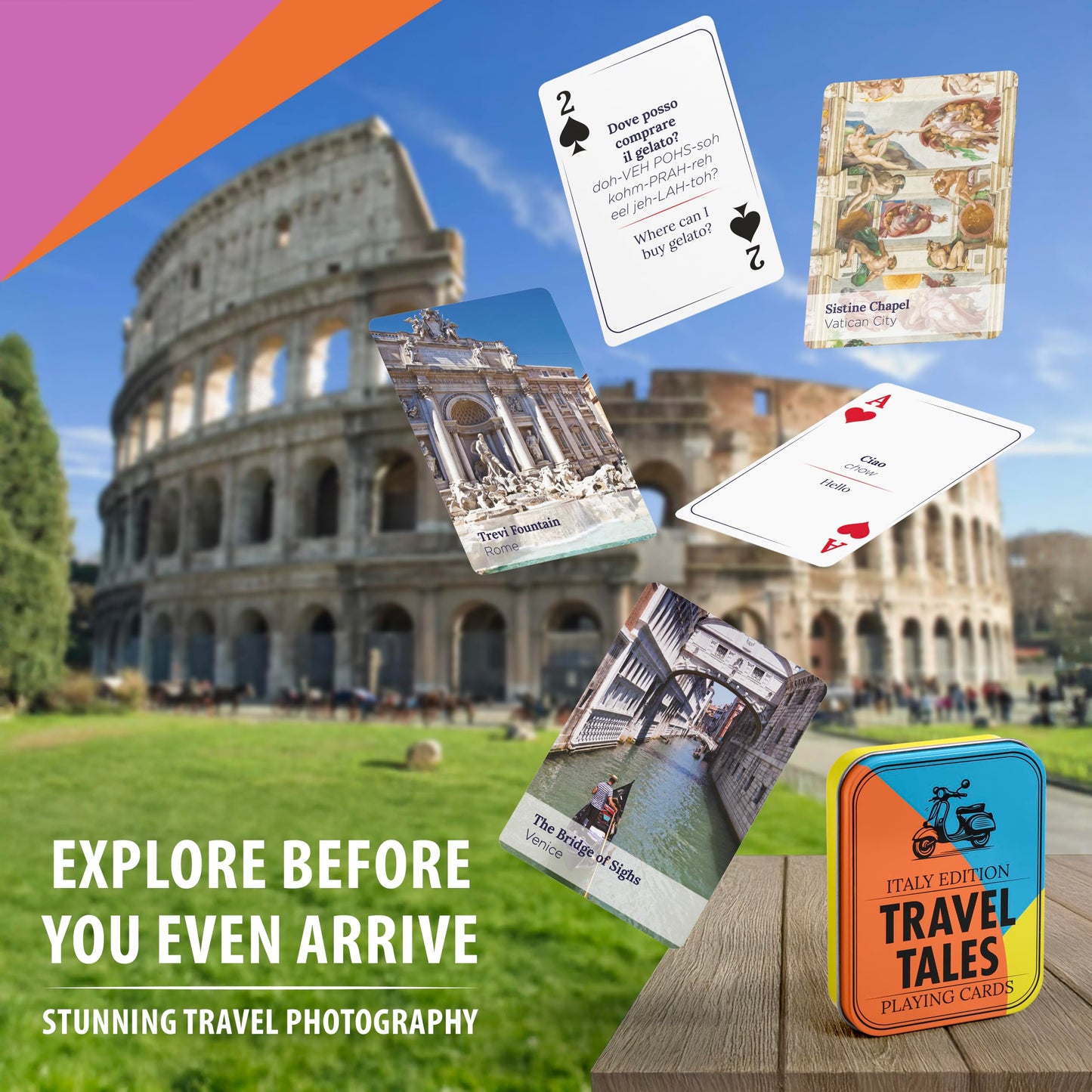 All7s Travel Tales Italy Edition - Italian Playing Cards for Adults for Dad - 52 Phrase Deck in Tin