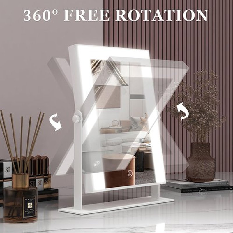 ROLOVE 9"x11" Small Vanity Mirror with Lights, Lighted Makeup Mirror with Light, Portable Tabletop Cosmetic Make Up Mirror, Smart Touch Control, Dual Power Supply, 360°Rotation