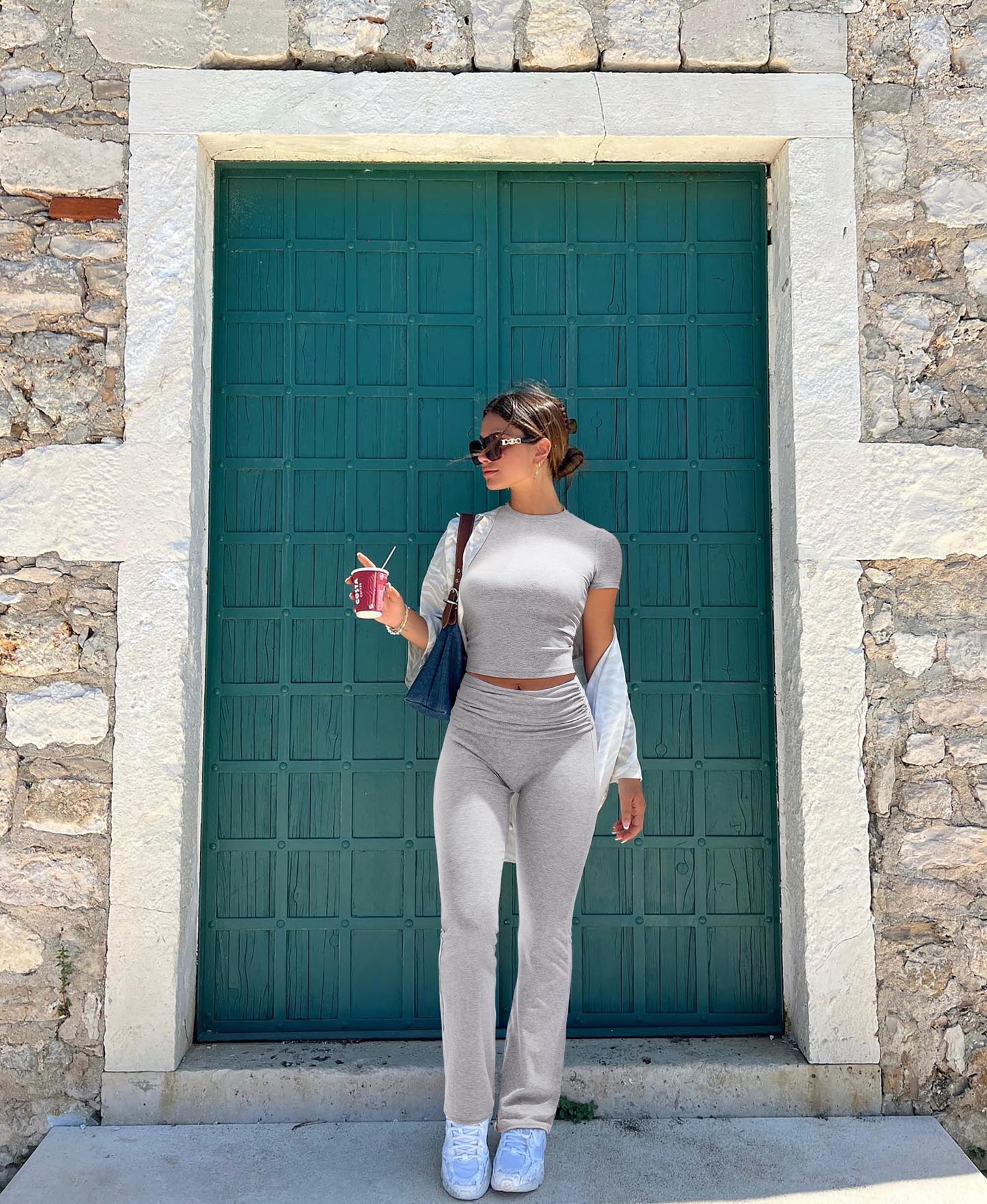 RXRXCOCO Women's 2 Piece Lounge Sets Y2K Crop Tops Fold Over Flare Pants Casual Outfits Matching Sets Grey Small