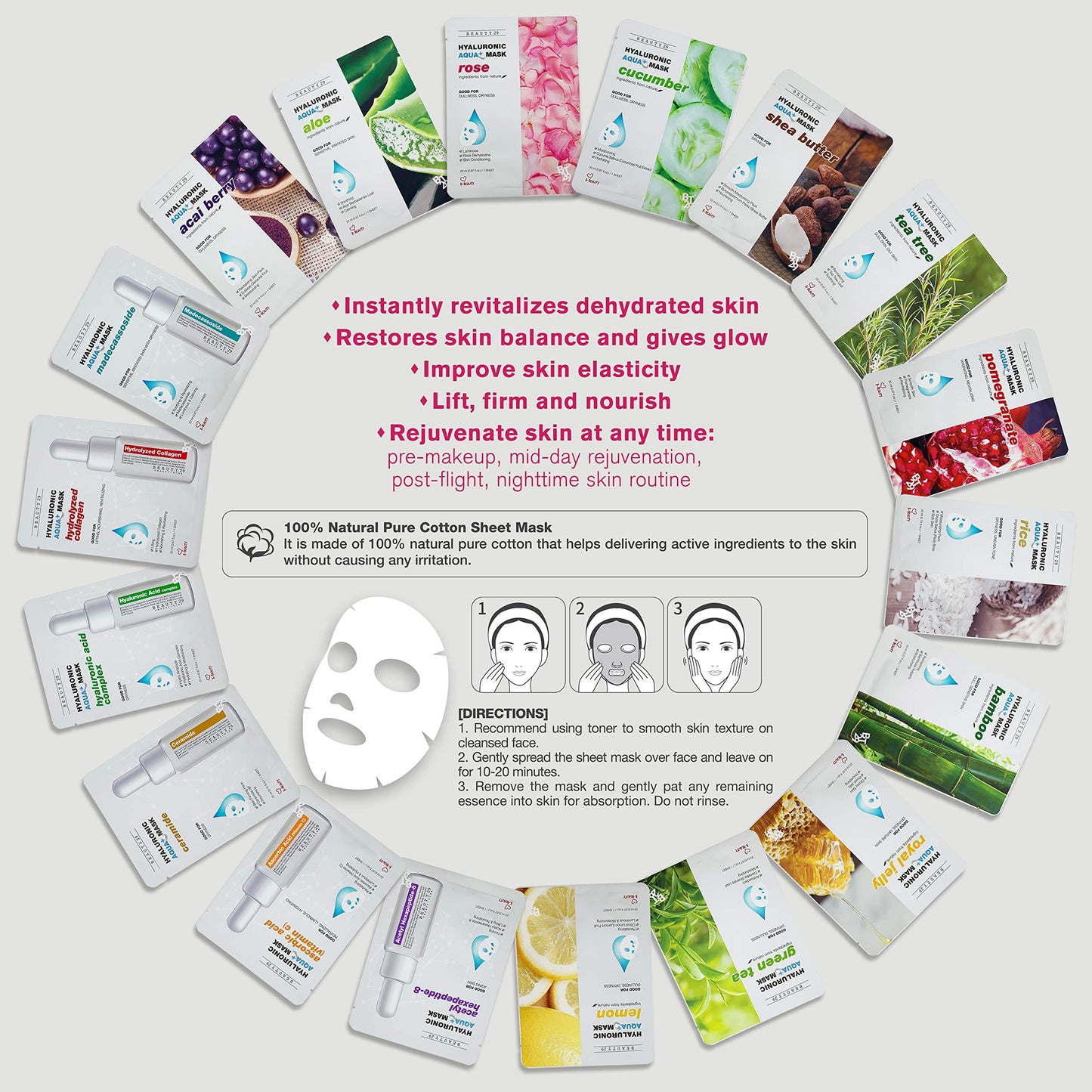 BEAUTY29 Hyaluronic Aqua Plus Essence Full Face Facial Sheet Mask 14 Sheets - 2 WEEKS SET (HYALURONIC ACID - 14 pack)