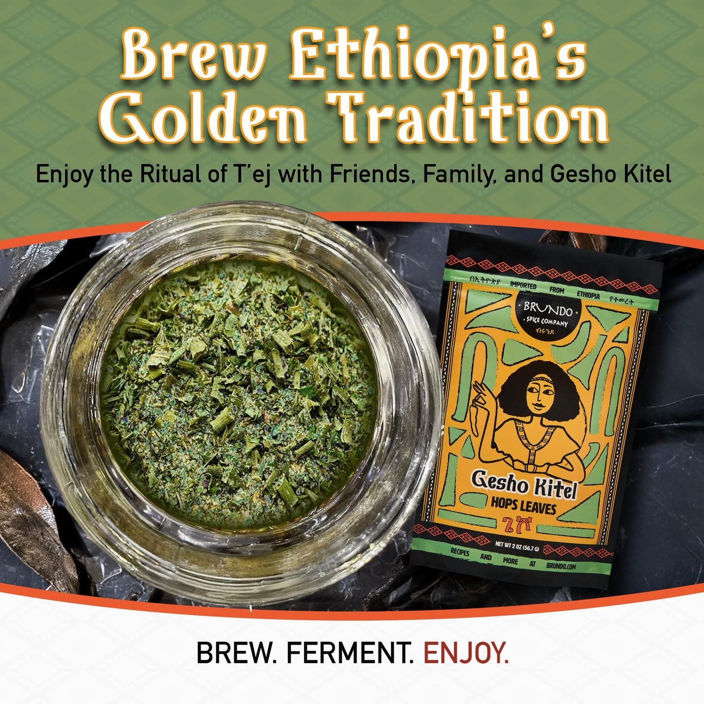 Brundo Ethiopian Spice Company Gesho Kitel Authentic Brewing Hops Leaves Hand Picked and Processed Harvested in and Imported from Ethiopia All Natural No Preservatives 2oz