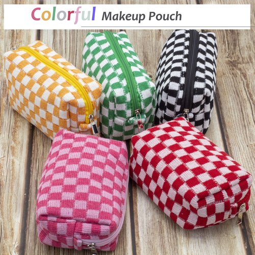 PAZIMIIK Checkered Makeup Bag for Purse Portable Zipper Make Up Pouch Small Cosmetic Case for Travel Accessories (2PCS Hotpink)