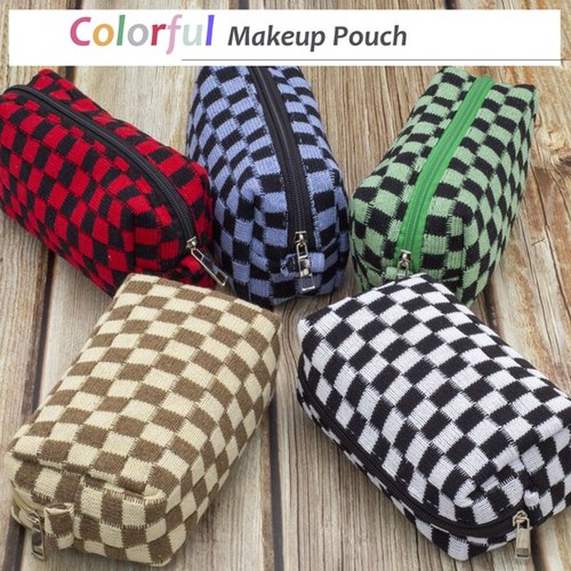 PAZIMIIK Checkered Makeup Bag for Purse Portable Zipper Make Up Pouch Small Cosmetic Case for Travel Accessories (2PCS Black Coffee)