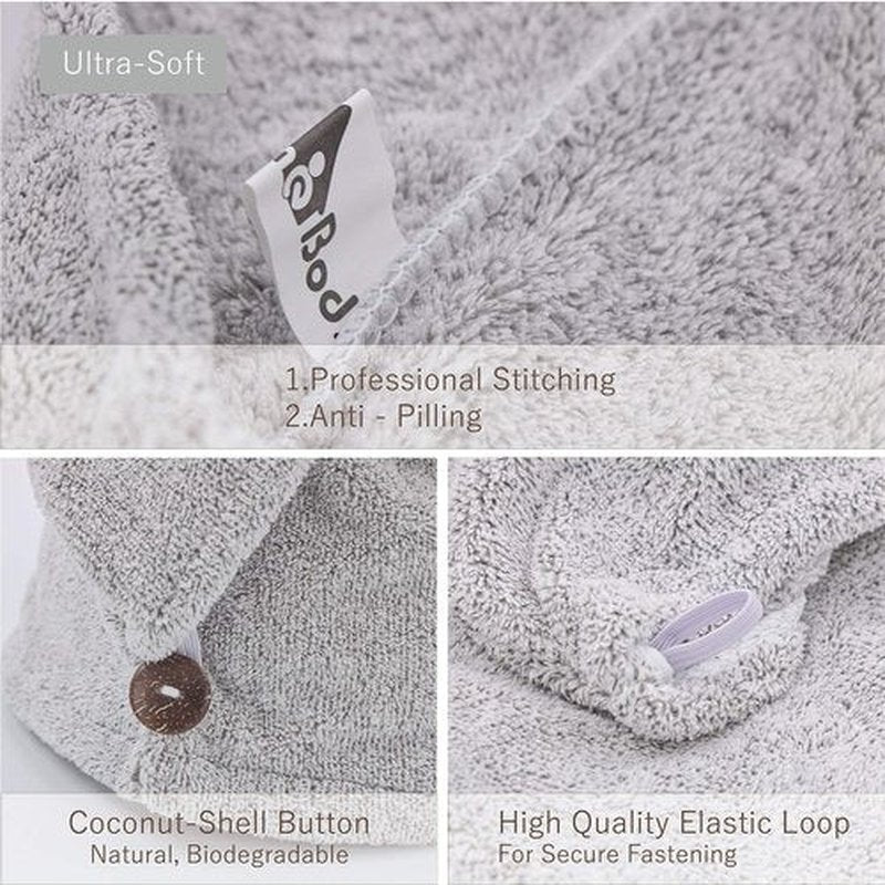 myHomeBody Hair Towel Wrap, Luxury Rapid-Dry Hair-Drying Turban, Ultra Soft and Quick Drying Absorbent Charcoal Fiber, with Coconut Shell Button - Gray