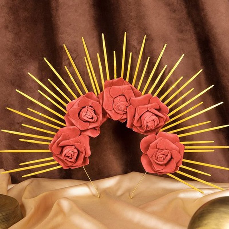 Fantherin Halo Crown with Roses Womens Mexican Flower Goddess Rose Spiked Sun Headpiece for Cosplay Halloween Costume