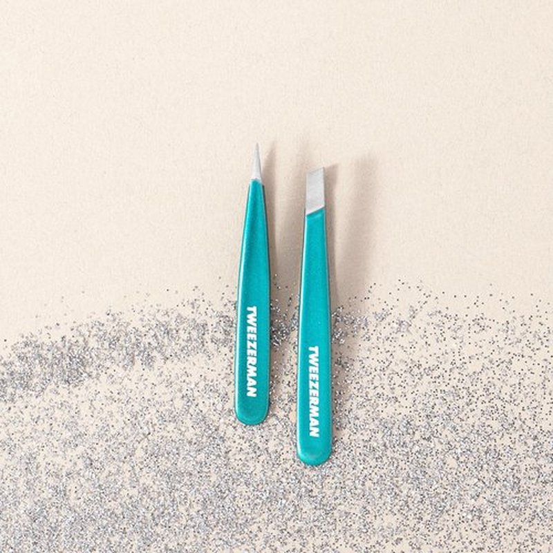 Tweezerman Majestic Turquoise Micro Mini Slant & Point Tweezer Set - Eyebrow Tweezers for Women and Men