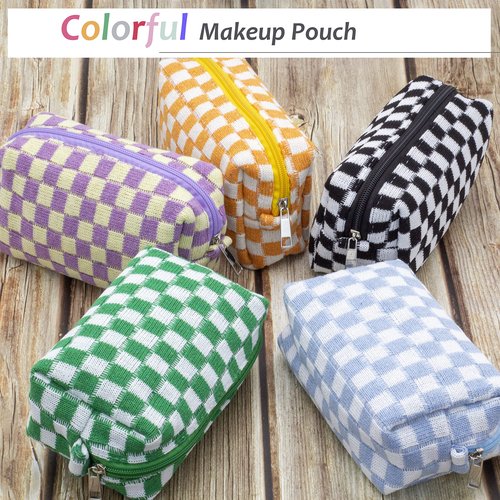 PAZIMIIK Checkered Makeup Bag for Purse Portable Zipper Make Up Pouch Small Cosmetic Case for Travel Accessories (2PCS Blue)