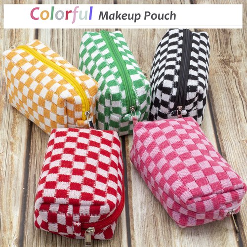 PAZIMIIK Checkered Makeup Bag for Purse Portable Zipper Make Up Pouch Small Cosmetic Case for Travel Accessories (Red)
