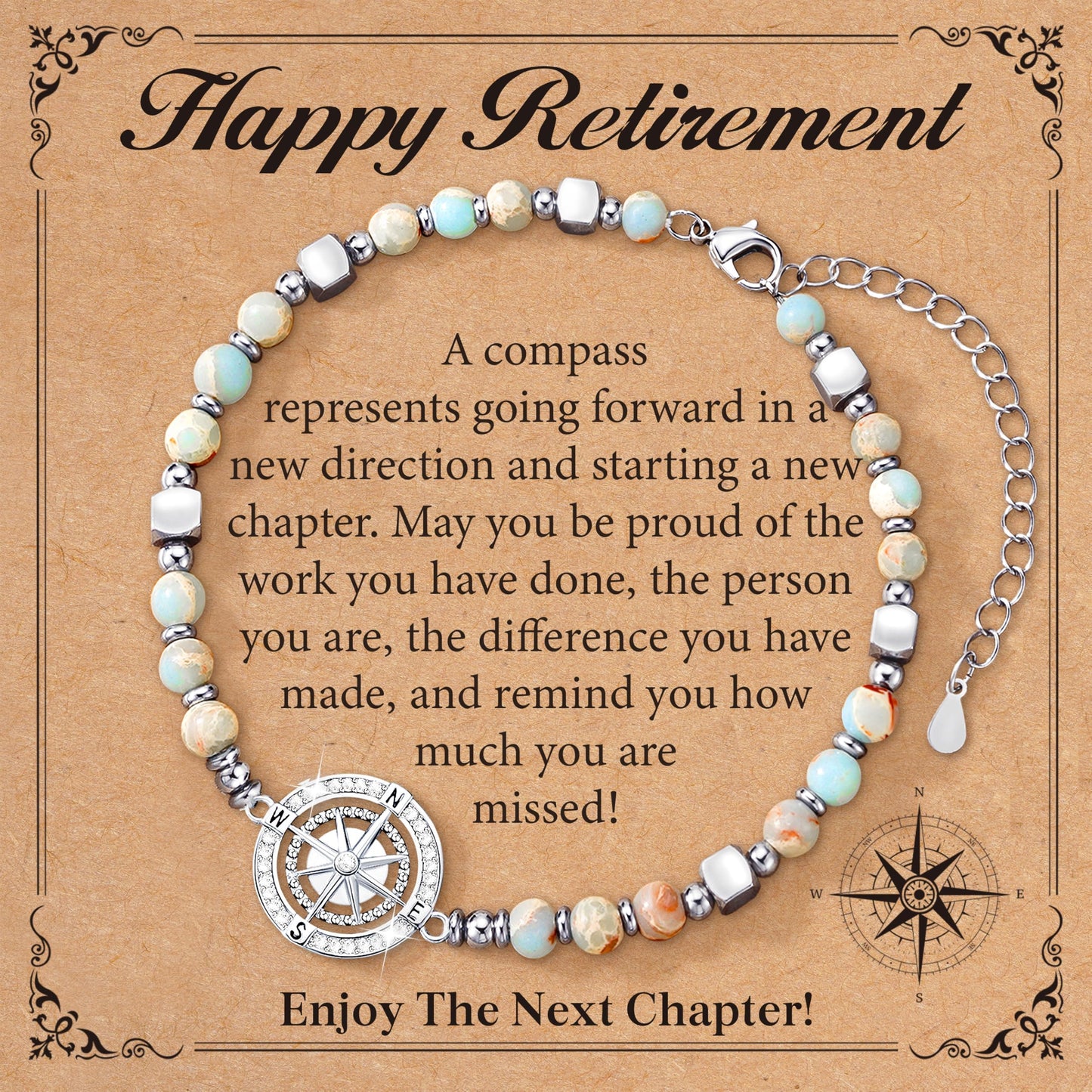 Esrial Retirement Gift for Woman- Compass Bracelet for Women Coworker Leaving Farewell Going Away Gifts for Friends Teacher Employee Manager Boss Coworker Christmas Gifts（Happy Retirement）