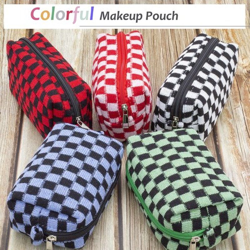 PAZIMIIK Checkered Makeup Bag for Purse Portable Zipper Make Up Pouch Small Cosmetic Case for Travel Accessories (2PCS Green Blue)