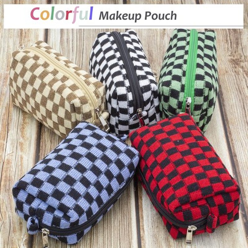 PAZIMIIK Checkered Makeup Bag for Purse Portable Zipper Make Up Pouch Small Cosmetic Case for Travel Accessories (Red Black)