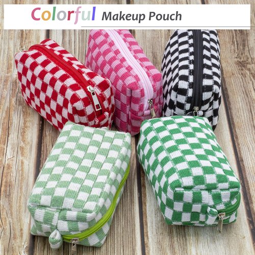 PAZIMIIK Checkered Makeup Bag for Purse Portable Zipper Make Up Pouch Small Cosmetic Case for Travel Accessories (2PCS Blue Light Green)