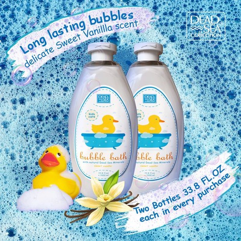 Dead Sea Collection Bubble Bath Kids with Vanilla - Cleansing and Moisturizing Liquid Bubble Bath - Sweet Almond Oil and Pure Dead Sea Minerals - Pack of 2 Large Bottles (67.6 fl.oz)