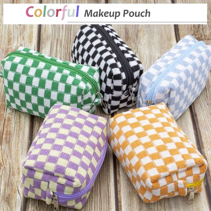 PAZIMIIK Checkered Makeup Bag for Purse Portable Zipper Make Up Pouch Small Cosmetic Case for Travel Accessories (Purple)