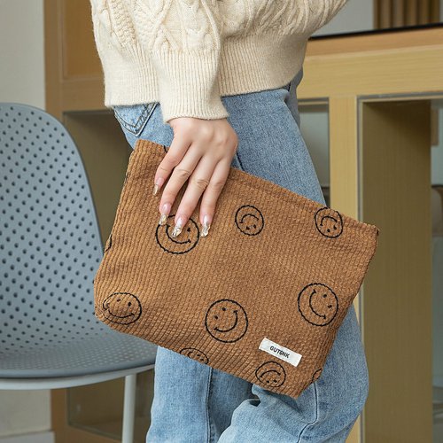 GUTGNK Makeup bag for Women, Corduroy Cosmetic Bag Aesthetic Design Ladies Tote Bag,Cute Smiley Face Makeup Organizer with Zipper - Brown