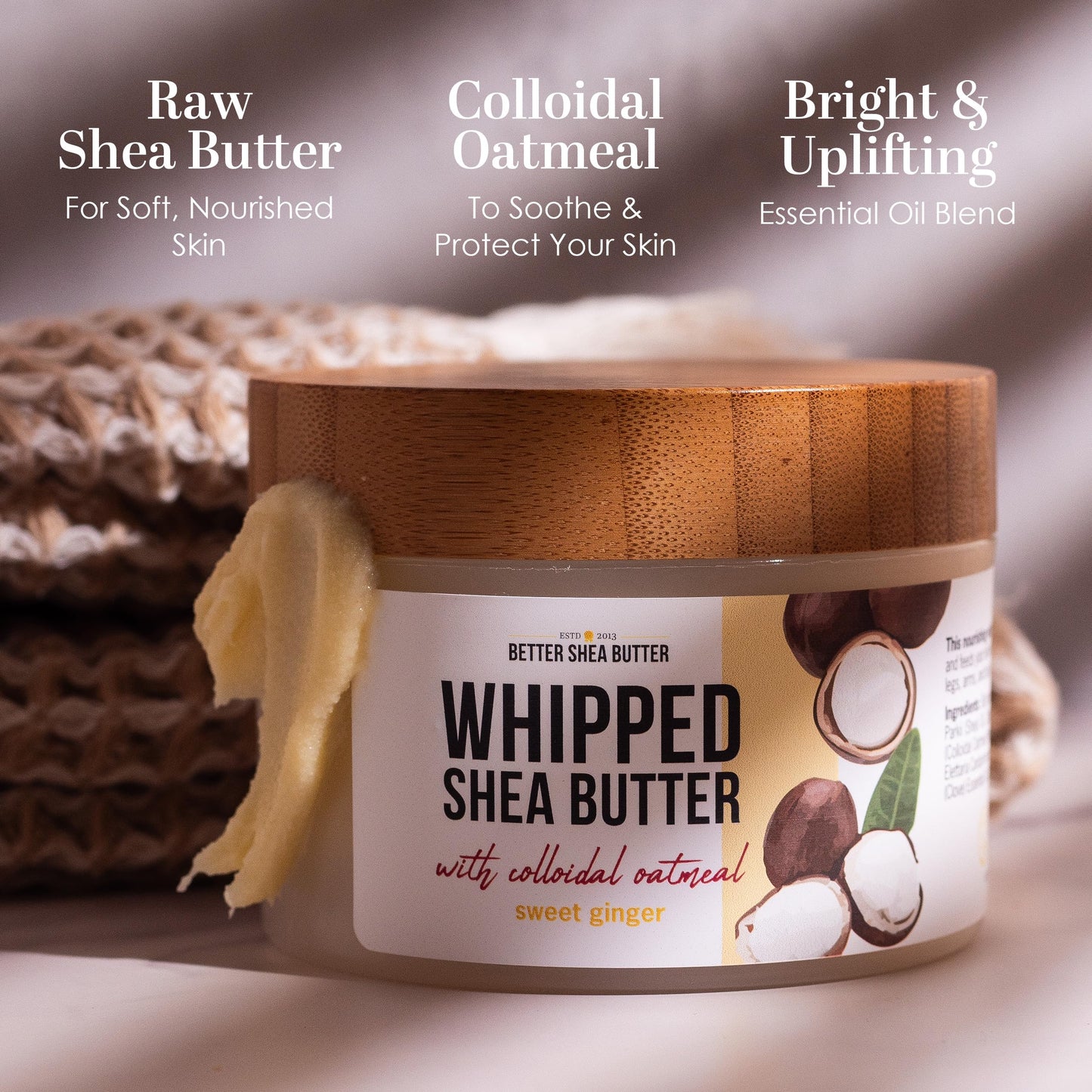 Whipped Shea Butter with Colloidal Oatmeal | Sweet Ginger Essential Oil Blend | Deep Hydration Body Butter for Dry Skin | Water-Free Raw Shea Moisturizer for Men & Women