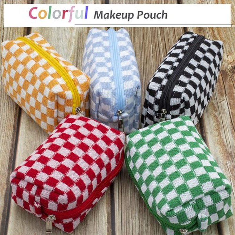 PAZIMIIK Checkered Makeup Bag for Purse Portable Zipper Make Up Pouch Small Cosmetic Case for Travel Accessories (Blue)